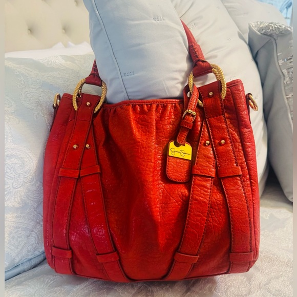 Jessica Simpson Red Leather Shoulder Bag with Gold Accents - Picture 2 of 10